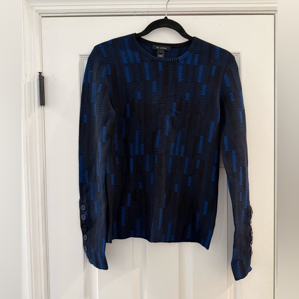 NWT St. John Blue and Black Abstract Geometric Long Sleeve Sweater size P XS 0/2